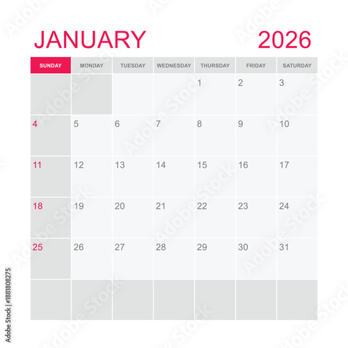 Classic monthly calendar for 2026. week starts on sunday. simple january 2026 calendar template. monthly planner design in box