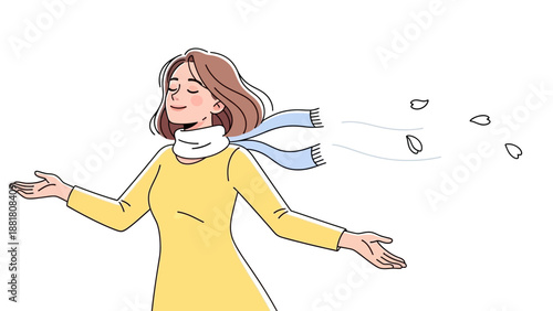 Woman in Yellow Dress with Flying Leaves.