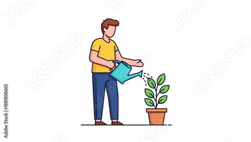 Man Watering Green Potted Plant Illustration.