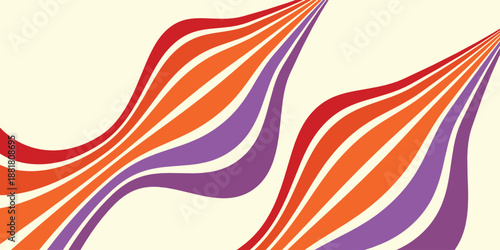 Abstract colorful 70s background vector. Vintage retro wallpaper with rainbow stripes and wavy lines. A 1970 color illustration suitable for posters, banners, decorative items and wall art.
