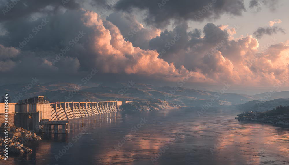 custom made wallpaper toronto digitalMassive hydro power plant dam on river at sunset with clouds in sky and water flowing forcefully creating energy and electricity for modern world sustainability and clean future