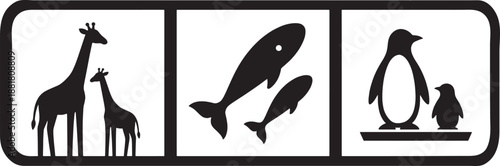 Three panels with black animal silhouettes mother and baby pairs of giraffe whale penguin and pup