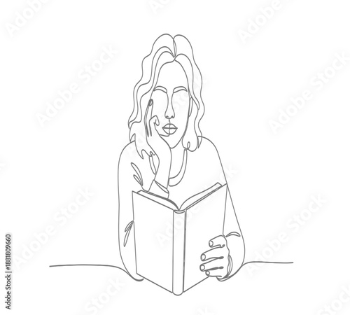 A minimalist line drawing of a woman thoughtfully reading a book with a pensive expression