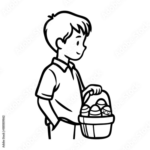 Dibujo sencillo de un niño de pie sosteniendo en la mano una cesta llena de huevos de pascua, buscando dulces