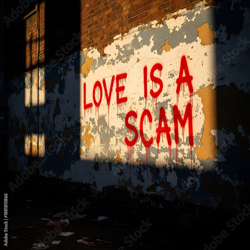 Love is a scam red dripping paint graffiti on dirty urban wall texture. Cynical anti valentine day message for broken heart. Grunge street art background with sunlight shadows and peeling plaster set