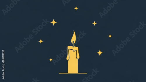 Yellow Candle Burning with Stars on Dark Blue Background