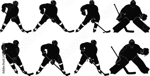 Ice hockey player silhouettes collection skating athletes goalie defense isolated black vector sport illustration set