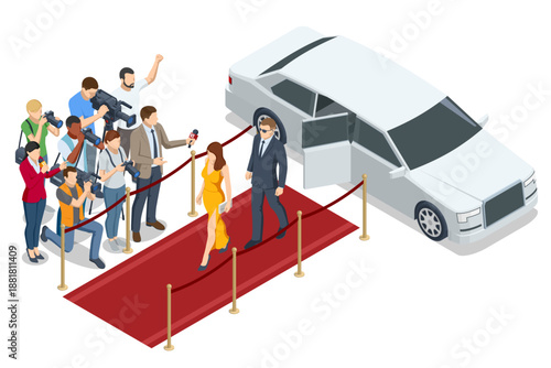Celebrity couple on red carpet with security. Isometric red carpet scene with celebrity couple, bodyguards, limousine, and press. Luxury event, fame, security escort, and media attention concept.