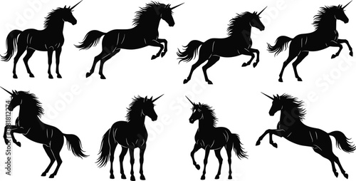 Unicorn silhouettes collection isolated black mythical fantasy horse creature vector illustration set for design