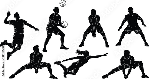 Volleyball player silhouettes collection men women actions isolated black vector team sport illustration set