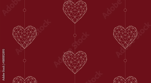 Seamless geometric heart pattern on wine red background, elegant luxury jewelry line art texture, burgundy gemstone hearts vector wallpaper