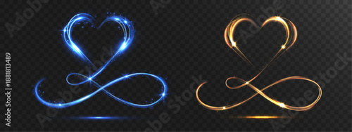 Glowing heart transforming into an infinity symbol made of luminous light trails and sparkles. Romantic abstract concept symbolizing eternal love, passion and endless connection on a dark background.
