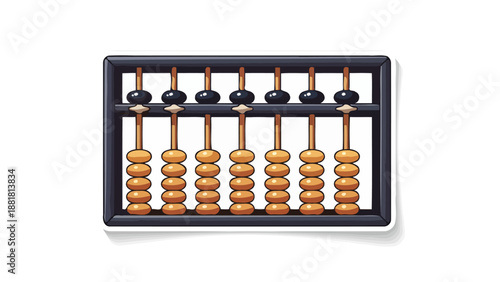 A close-up, top-down view of a traditional abacus with black beads at the top and wooden beads at the bottom.