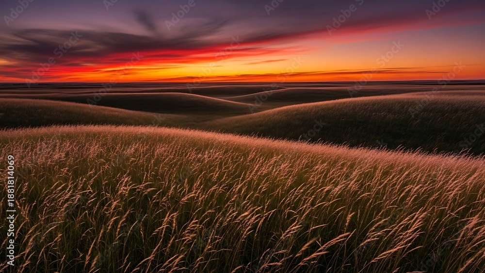 Obraz premium Vibrant Sunset Over Rolling Hills and Golden Grasslands