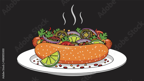 Illustration vector of a delicious hot dog with toppings on a white plate, suitable for graphic design
