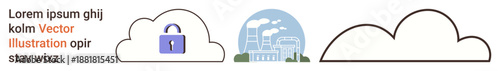 Cloud computing, cybersecurity, data privacy, green technology, sustainability, eco-friendly systems. Three clouds, a lock symbol and industrial buildings with greenery. Cloud computing