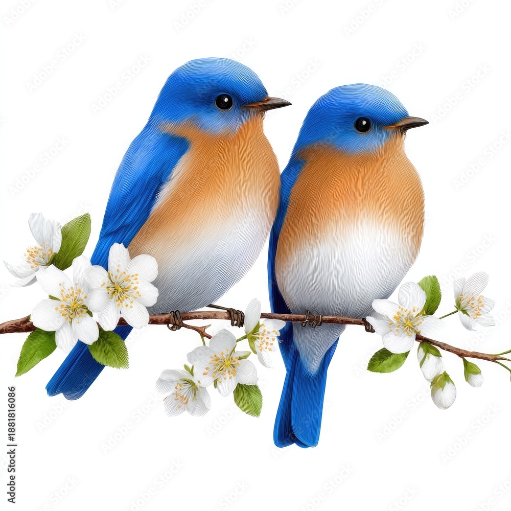 Obraz premium Two vibrant bluebirds perched on blossoming branch with white flowers in springtime on white background