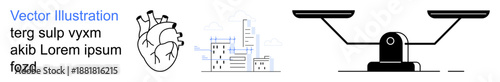Medical ethics, healthcare systems, urban development, decision making, modern justice, city planning. Anatomical heart, urban skyline and balance scales. Medical ethics and healthcare systems