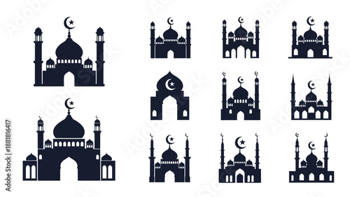 Collection of Mosque Silhouettes with Crescent Moon.