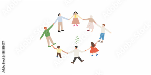 People holding hands in a circle around a small plant illustration