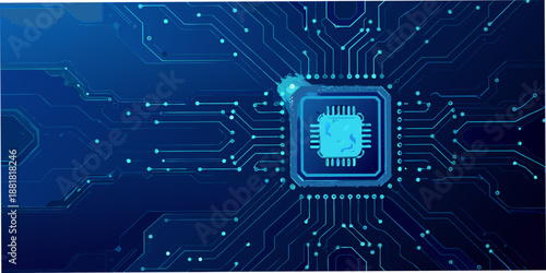 Abstract blue technology background with a central microchip illustration