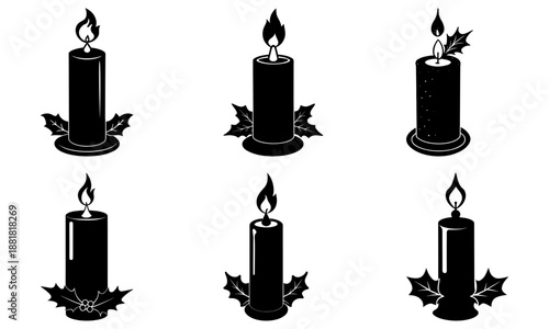 Five Black Candles with Holly Leaves and Flames on White Background silhouette