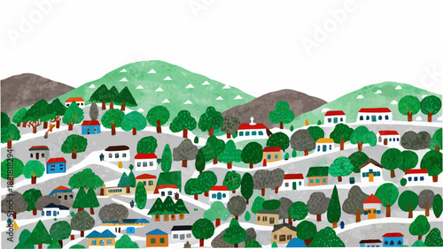 A charming illustrated hillside town nestled amongst lush green mountains