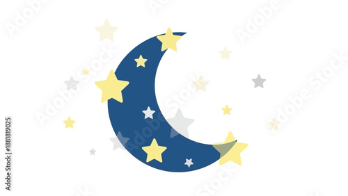 Crescent moon with yellow and white stars in night sky