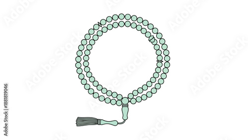 Green prayer beads with tassel on white background for meditation and mindfulness