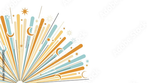 Vibrant orange blue and yellow sunburst with stars and moons on white background