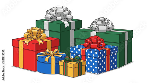 Colorful wrapped presents with ribbons and bows on white background for holiday or gift giving