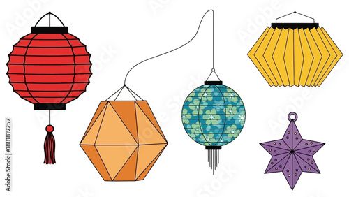 Colorful paper lanterns and star decorations hanging on strings