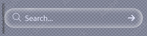 Transparent glass search bar and navigation button. Vector elements imitating liquid glass for modern user interfaces or website designs.