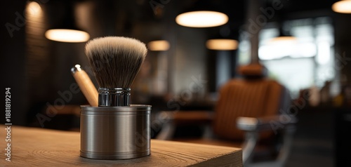 The Shaving Brush in a Tin on a Wooden Barbershop Counter with Bokeh Lights