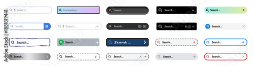 Vector set of colorful search bar UI elements in red blue and green with magnifying glass icons buttons and input fields designed for web interfaces app design and digital projects