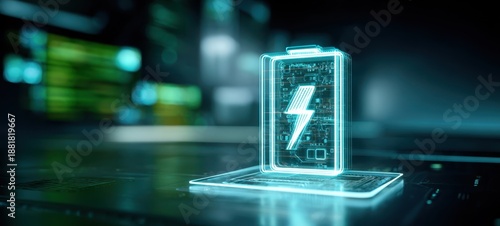 The Holographic Battery Icon Projected Above a Futuristic Digital Platform for Energy Interface Visualization