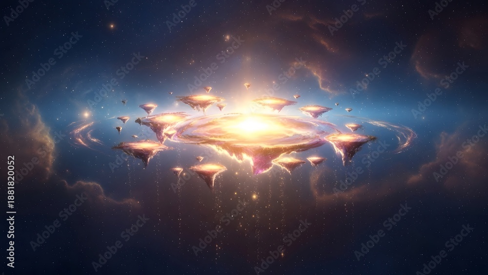 Fototapeta premium Celestial Island Fantasy: A breathtaking vision of floating islands bathed in a celestial glow, set against the backdrop of a starry galaxy, creating an atmosphere of wonder and fantasy.
