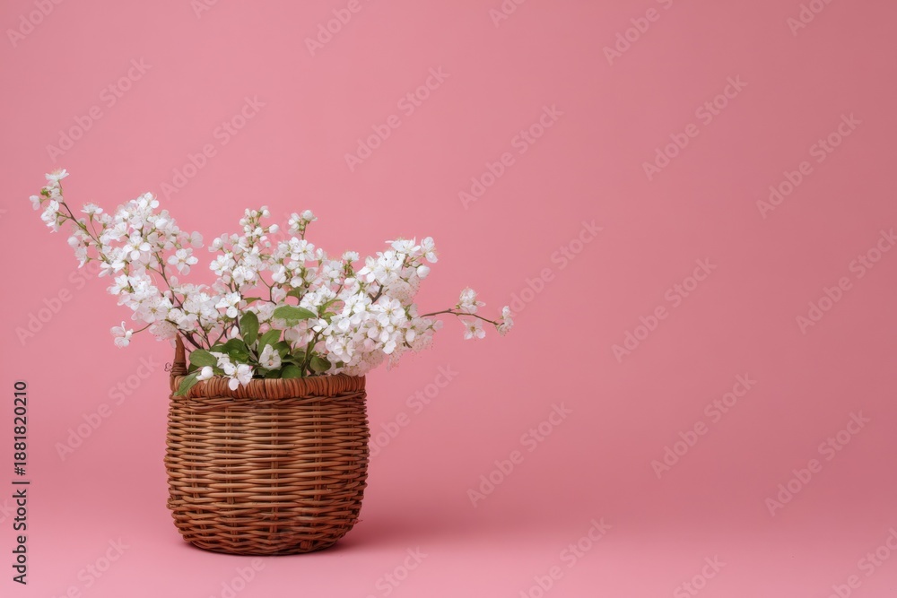 Obraz premium Wicker basket with white blossoms against pink background