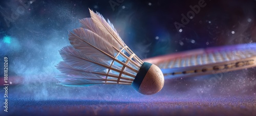 The Shuttlecock and Racket in Motion on a Dramatic Colorful Badminton Court