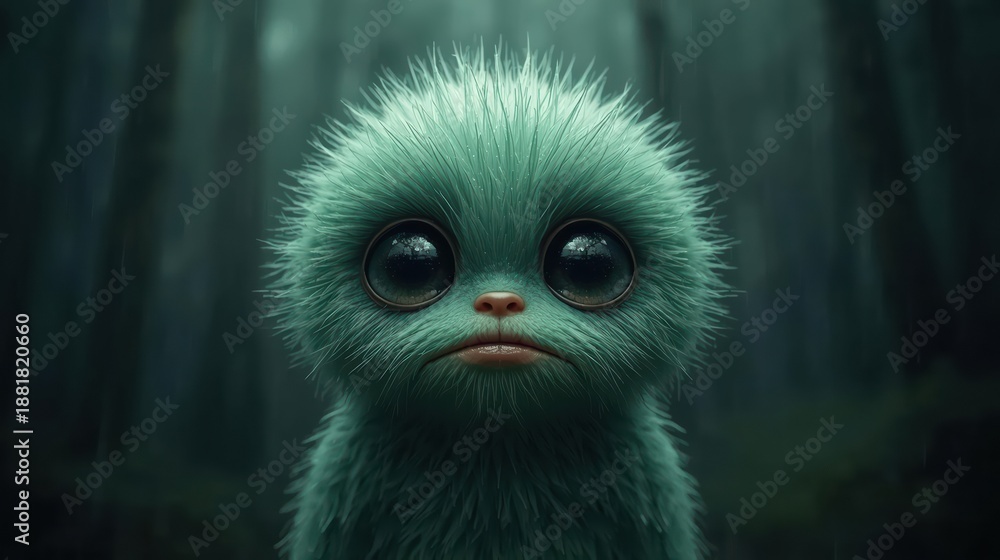 Fototapeta premium Sad Green Fluffy Monster Standing In Rainy Forest Mood Scene – Generative AI
