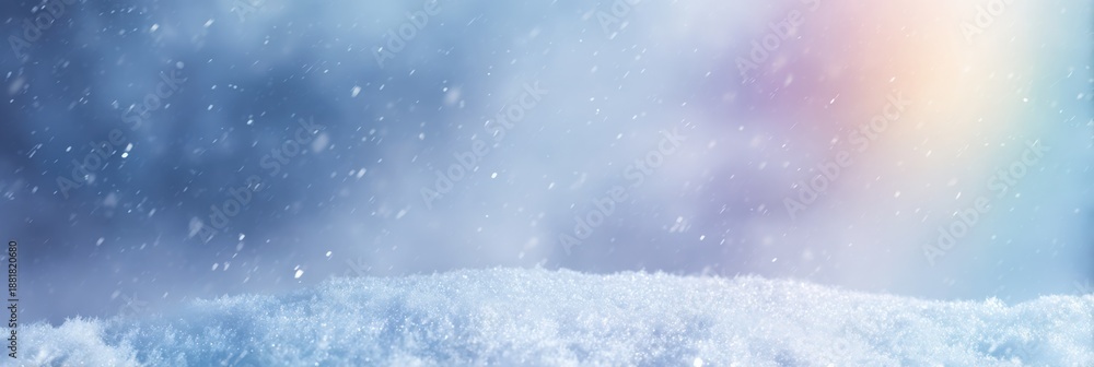 Fototapeta premium Winter wonderland: snowy landscape with falling snowflakes and subtle rainbow light