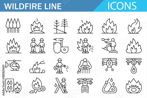 Wildfire hazard and firefighting line icons for emergency design