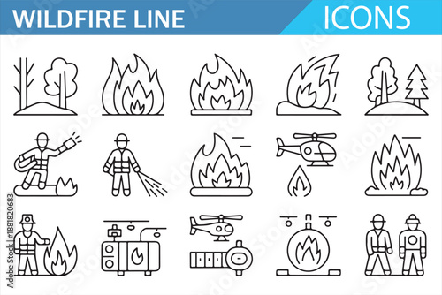 Forest fire rescue and evacuation outline icon collection