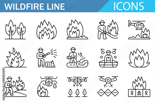 Environmental wildfire emergency line icons set isolated on white