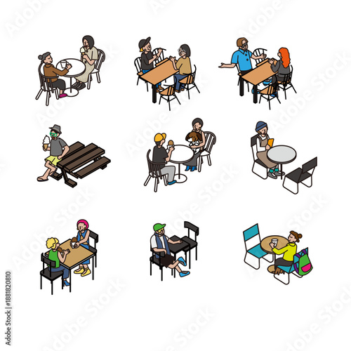 テーブルを囲んで話し合う人々の打ち合わせ・相談シーンのイラスト素材セット