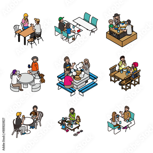 テーブルを囲んで食事や会話を楽しむ人々の日常シーンのイラスト素材セット