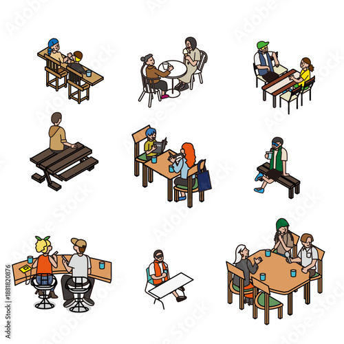 テーブルやベンチで座って過ごす人々の休憩・会話シーンのイラスト素材セット
