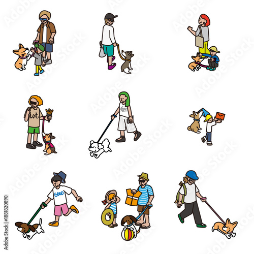 犬と飼い主の日常シーンを描いた人物イラスト素材セット