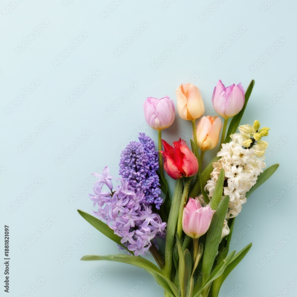 Fototapeta premium Vibrant spring bouquet with mixed tulips and hyacinths on light blue background