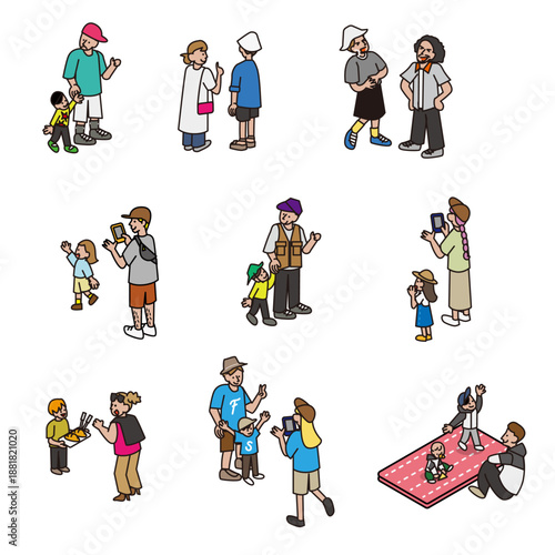 日常生活の中で人々が交流するさまざまなシーンの人物イラスト素材セット